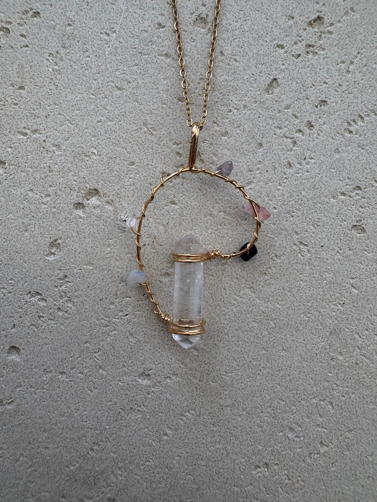 Gold crystal point energy necklace