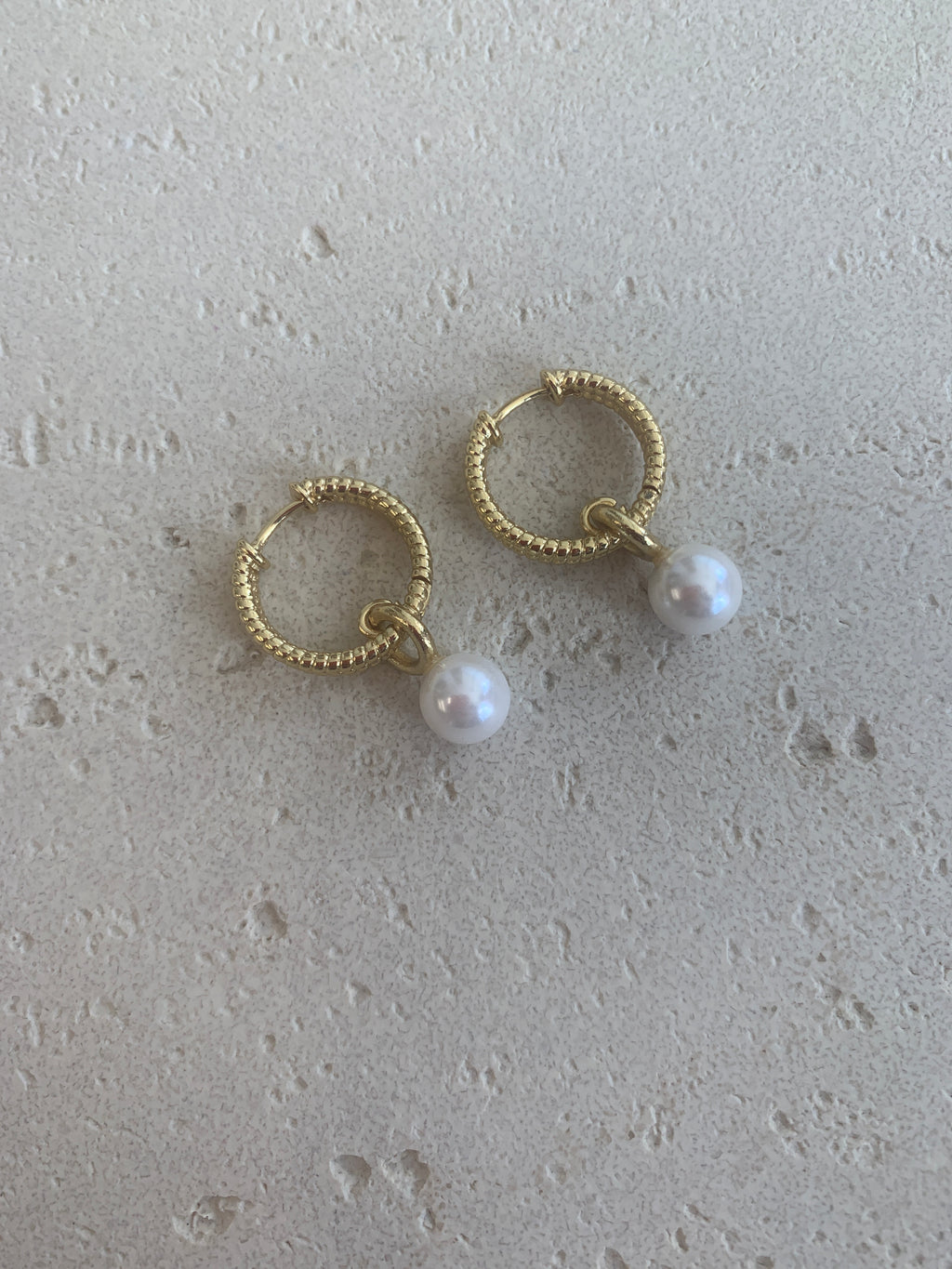 Gold pearl drop huggie hoops